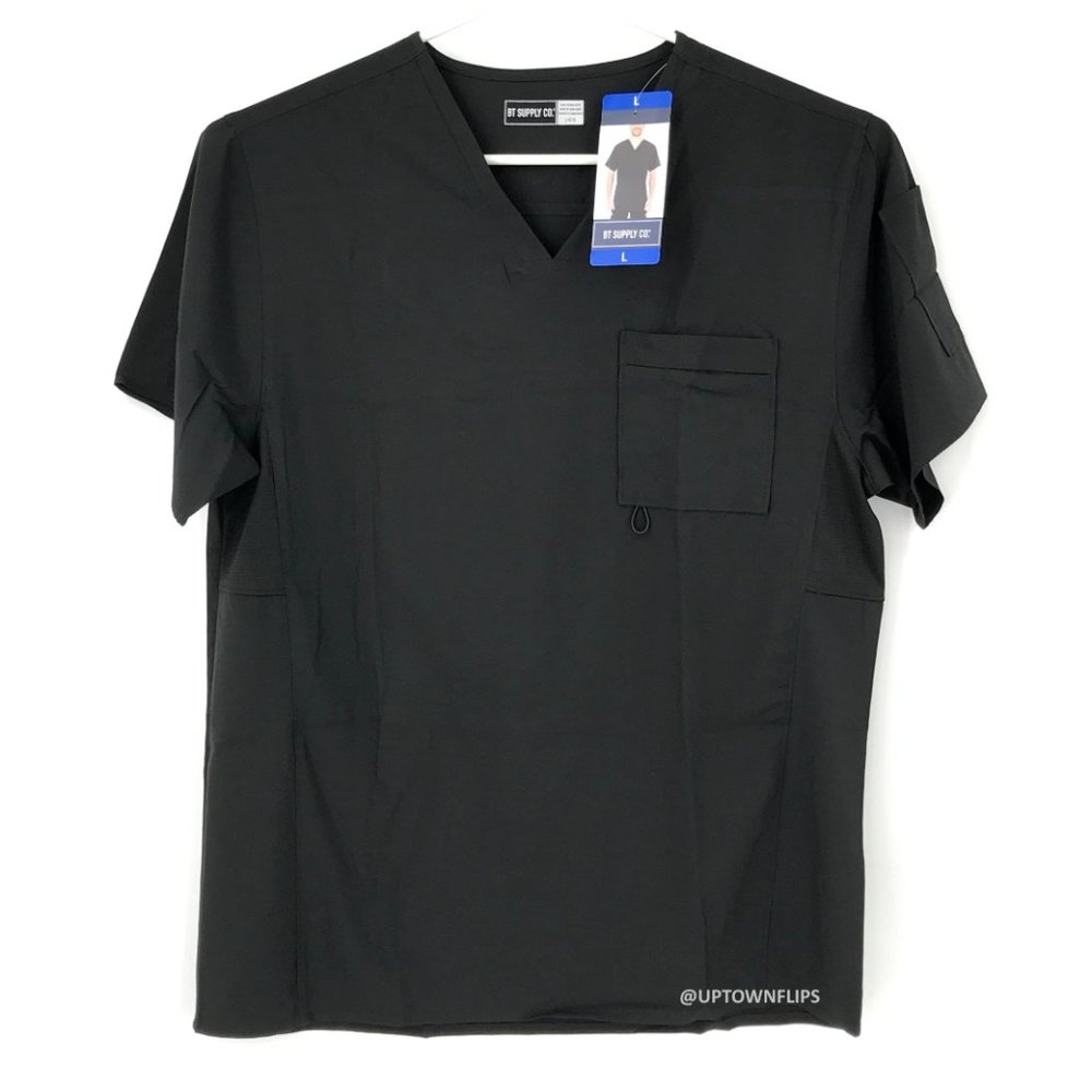 BT Supply Mens Scrub Top Large Black Short Sleeve Shirt Lightweight Pockets